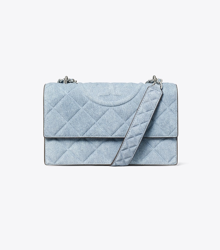 Tory Burch designer shoulder bags Small Fleming Denim-Print Suede Shoulder Bag in Medium Wash Denim front