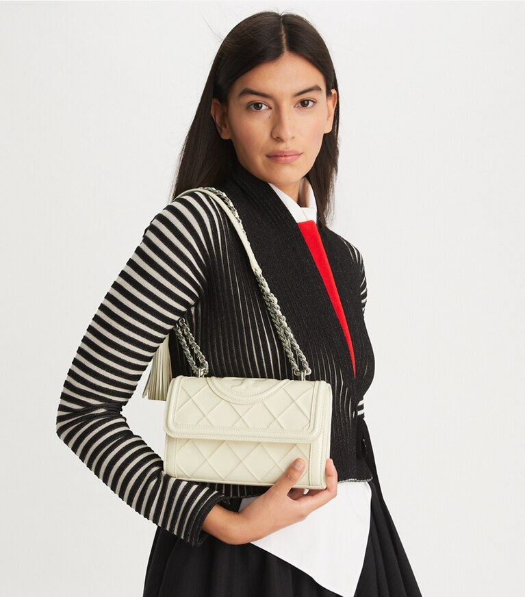 Tory Burch designer shoulder bags Small Fleming Patent Convertible Shoulder Bag in Pound Cake angle