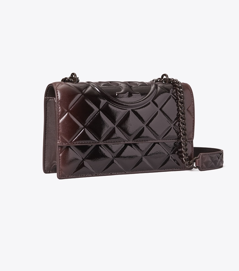Tory Burch designer shoulder bags Small Fleming Patent Shoulder Bag in Deep Burgundy angle