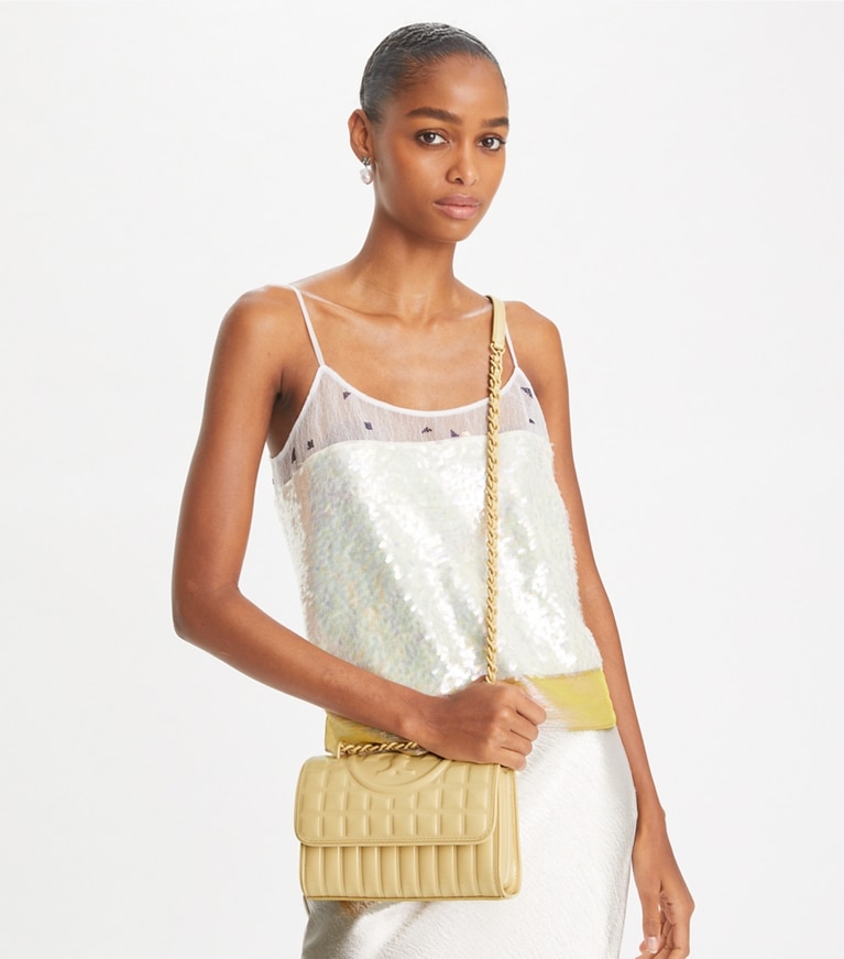 Tory Burch designer shoulder bags Small Fleming Patent Square Quilt Convertible Shoulder Bag in Vanilla Soft Serve angle