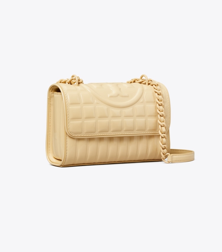 Tory Burch designer shoulder bags Small Fleming Patent Square Quilt Convertible Shoulder Bag in Vanilla Soft Serve angle