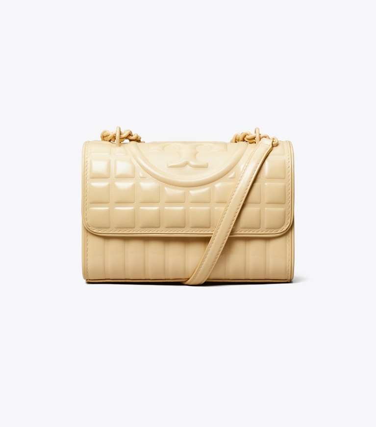 Tory Burch designer shoulder bags Small Fleming Patent Square Quilt Convertible Shoulder Bag in Vanilla Soft Serve angle