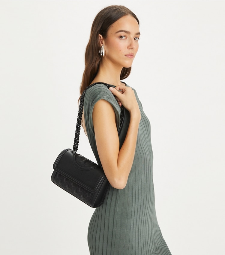 Tory Burch designer shoulder bags Small Fleming Polished-Grain Convertible Shoulder Bag in Black/Black accessory on model