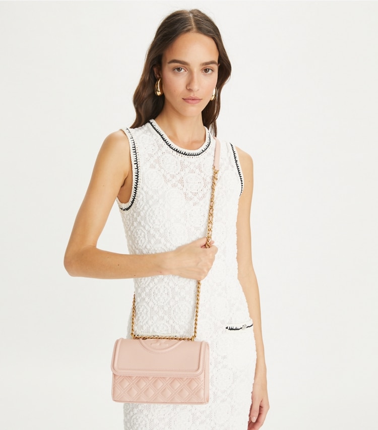 Tory Burch designer shoulder bags Small Fleming Polished-Grain Convertible Shoulder Bag in Pink Dawn additional on model