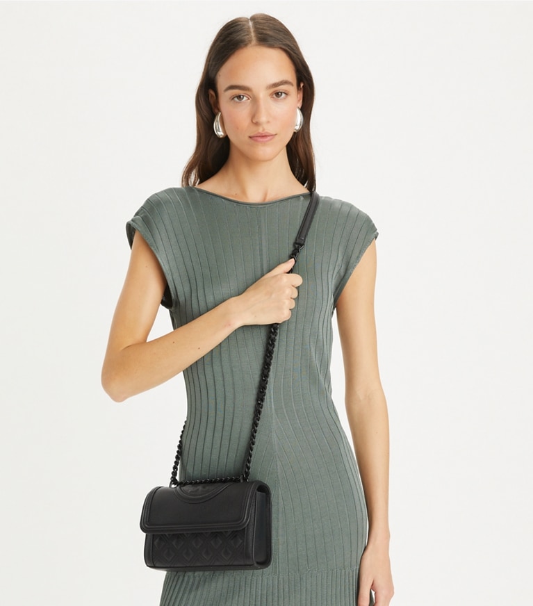 Tory Burch designer shoulder bags Small Fleming Polished-Grain Convertible Shoulder Bag in Black/Black angle