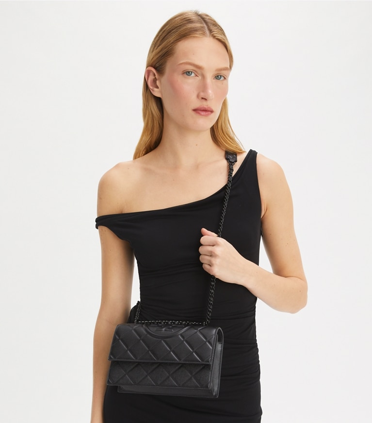 Tory Burch designer shoulder bags Small Fleming Polished-Grain Convertible Shoulder Bag in Black/Black angle