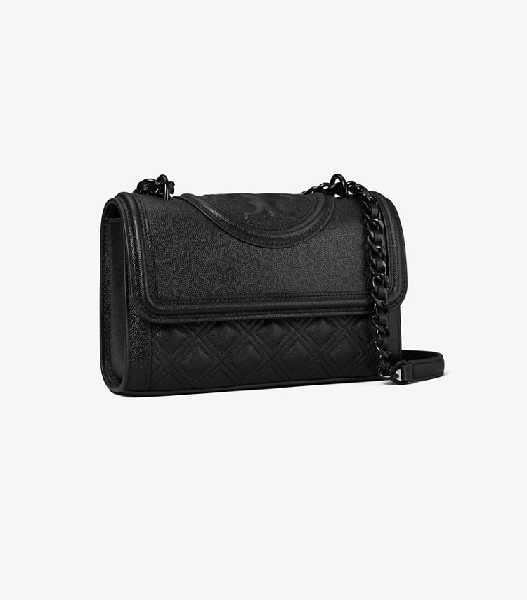 Tory Burch designer shoulder bags Small Fleming Polished-Grain Convertible Shoulder Bag in Black/Black angle