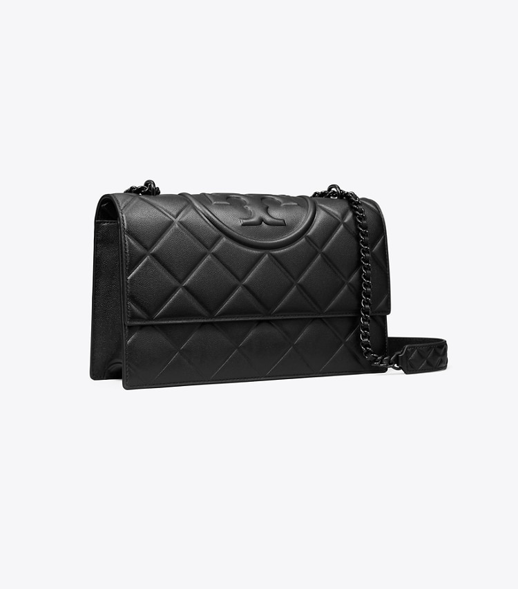 Tory Burch designer shoulder bags Small Fleming Polished-Grain Convertible Shoulder Bag in Black/Black angle
