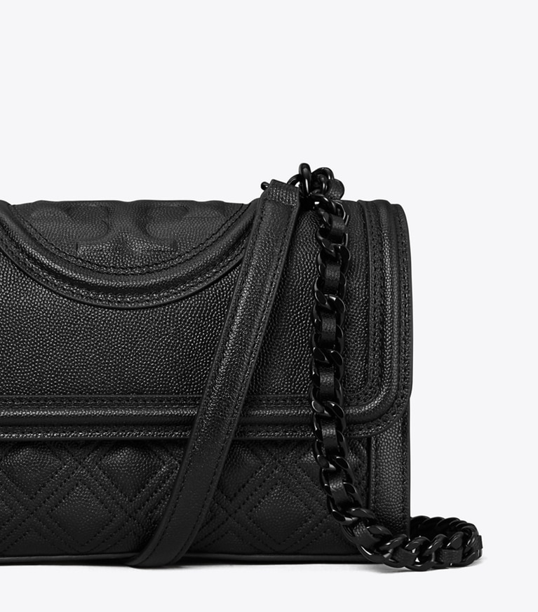 Tory Burch designer shoulder bags Small Fleming Polished-Grain Convertible Shoulder Bag in Black/Black angle