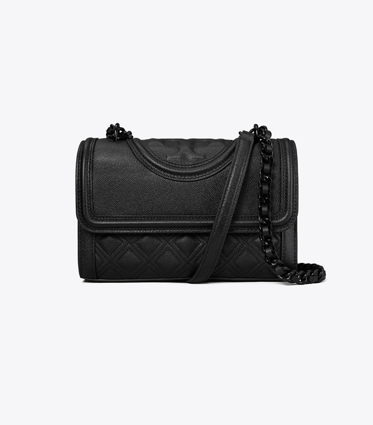 Tory Burch designer shoulder bags Small Fleming Polished-Grain Convertible Shoulder Bag in Black/Black angle