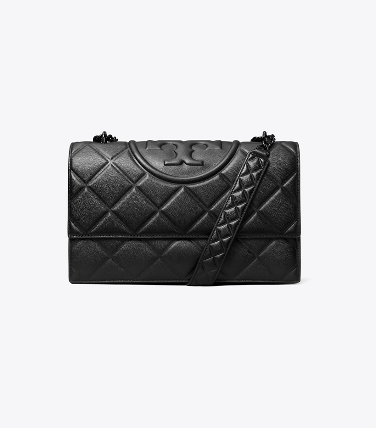 Tory Burch designer shoulder bags Small Fleming Polished-Grain Convertible Shoulder Bag in Black/Black front