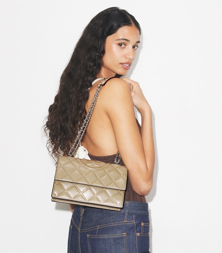 Tory Burch designer shoulder bags Small Fleming Shoulder Bag in Soft Cement accessory on model