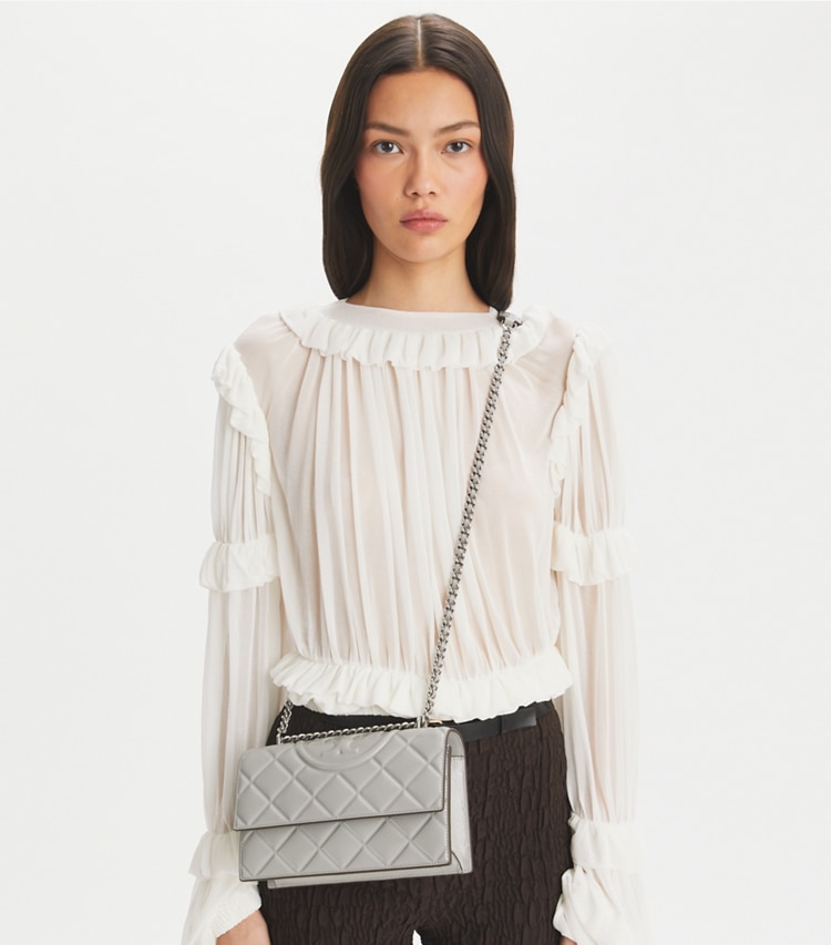 Tory Burch designer shoulder bags Small Fleming Shoulder Bag in Gray additional on model