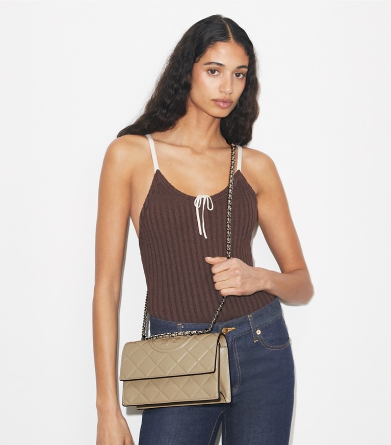 Tory Burch designer shoulder bags Small Fleming Shoulder Bag in Soft Cement additional on model