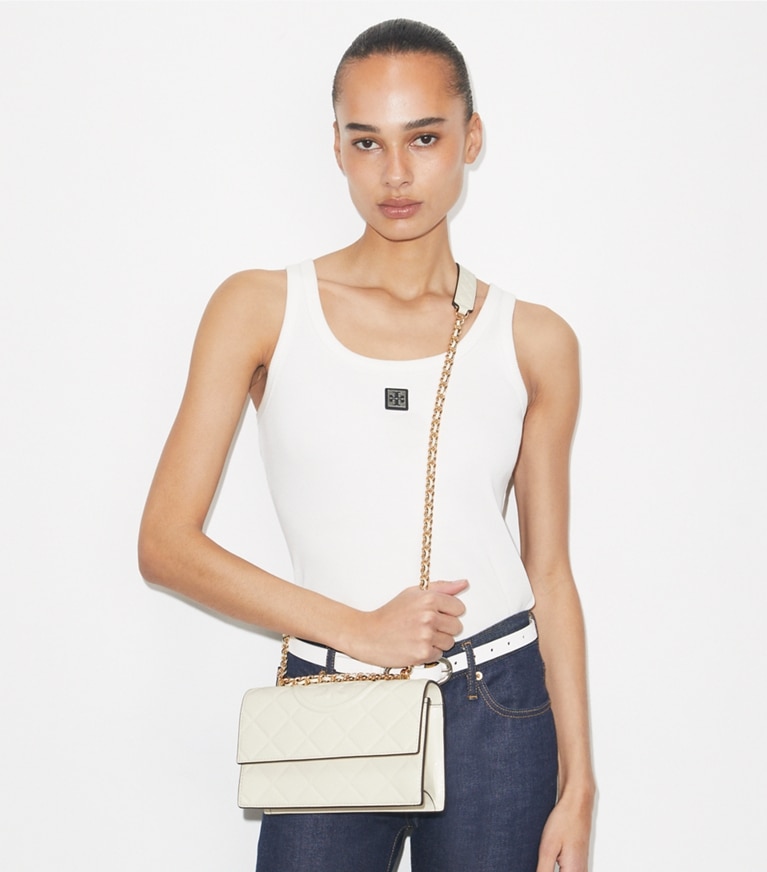 Tory Burch designer shoulder bags Small Fleming Shoulder Bag in Light Cream additional on model