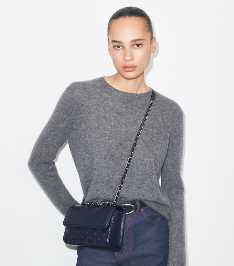 Tory Burch designer shoulder bags Small Fleming Shoulder Bag in Royal Navy additional on model