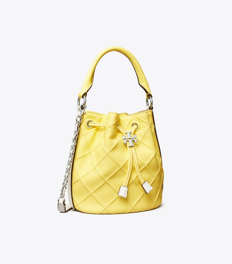 Tory Burch designer crossbody bags Small Fleming Soft Patent Border Bucket Bag in Vintage Lemon / Optic White angle