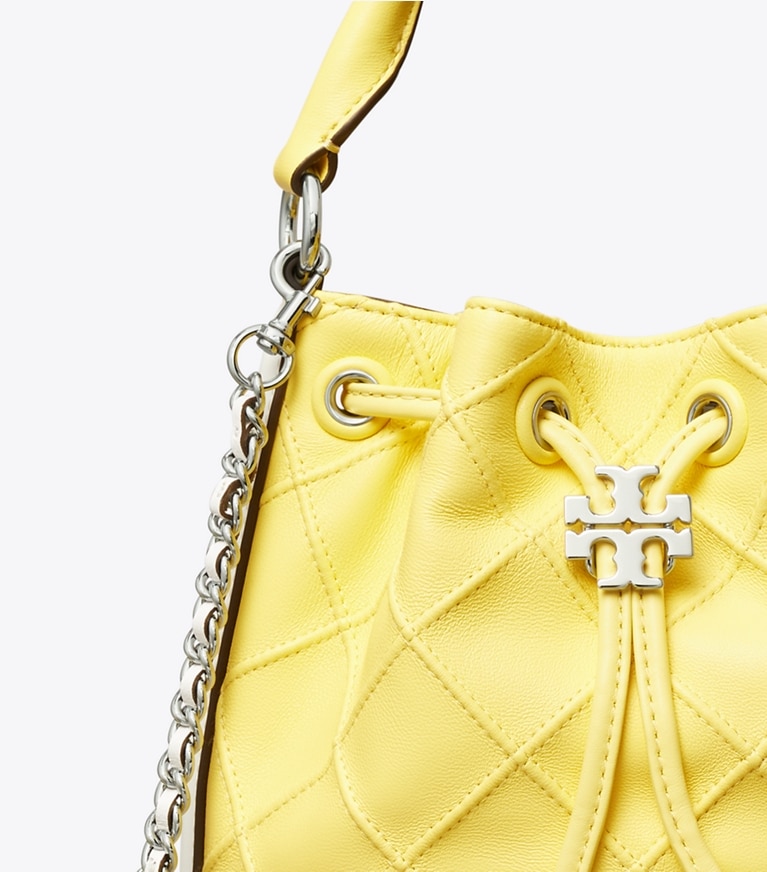 Tory Burch designer crossbody bags Small Fleming Soft Patent Border Bucket Bag in Vintage Lemon / Optic White angle