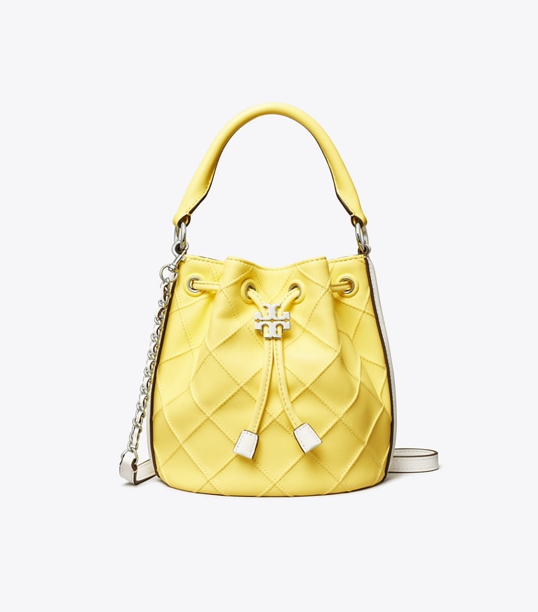 Tory Burch designer crossbody bags Small Fleming Soft Patent Border Bucket Bag in Vintage Lemon / Optic White angle