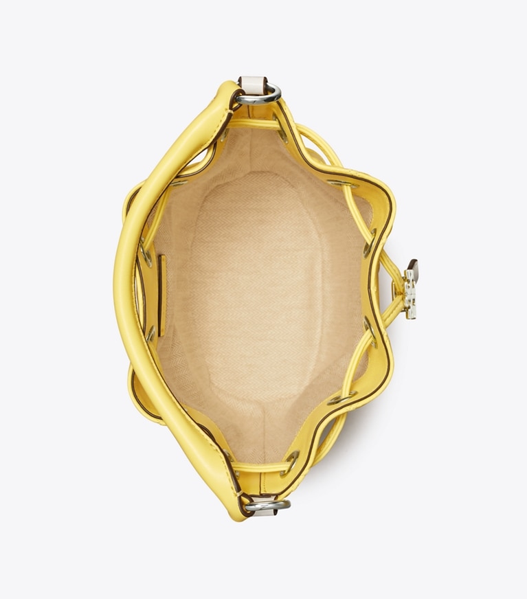 Tory Burch designer crossbody bags Small Fleming Soft Patent Border Bucket Bag in Vintage Lemon / Optic White angle