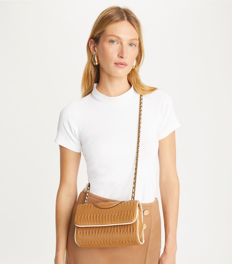 Tory Burch designer shoulder bags Small Fleming Soft Pleated Convertible Shoulder Bag in DUSTY ALMOND angle