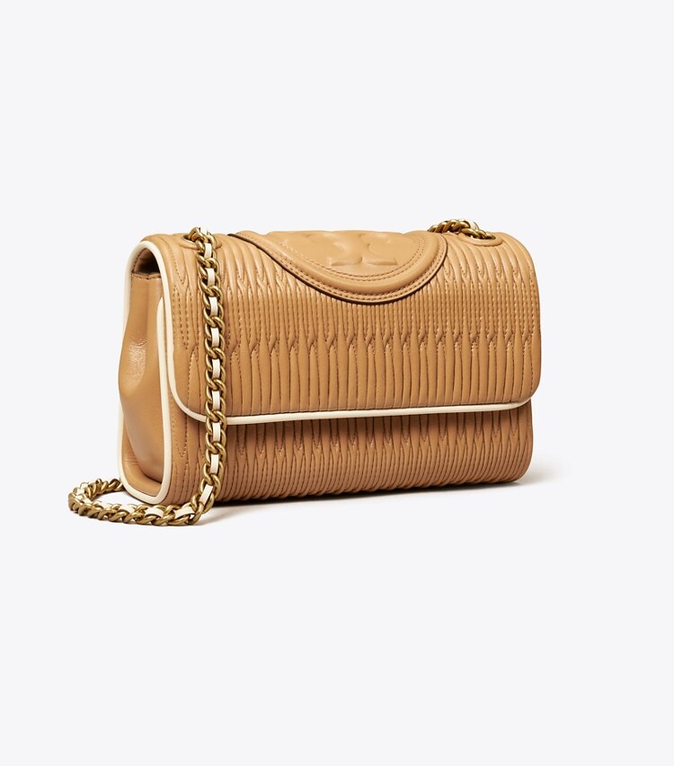 Tory Burch designer shoulder bags Small Fleming Soft Pleated Convertible Shoulder Bag in DUSTY ALMOND angle