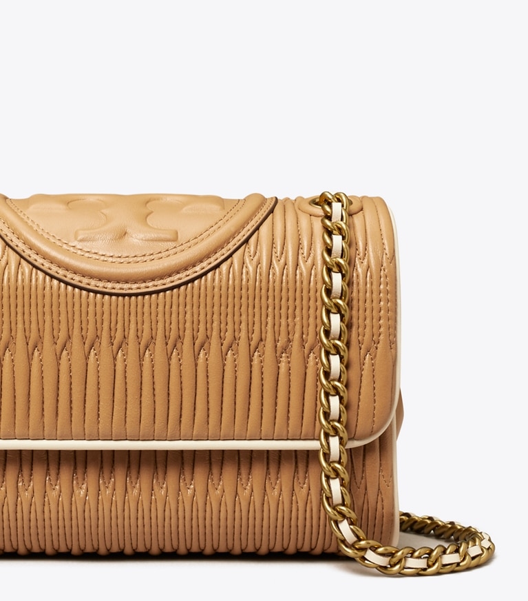 Tory Burch designer shoulder bags Small Fleming Soft Pleated Convertible Shoulder Bag in DUSTY ALMOND angle