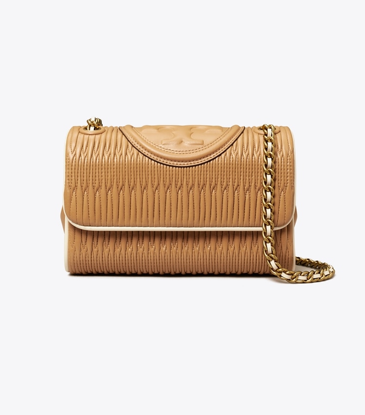 Tory Burch designer shoulder bags Small Fleming Soft Pleated Convertible Shoulder Bag in DUSTY ALMOND front