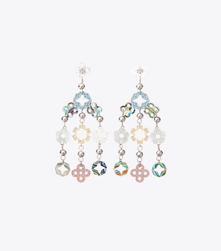 Tory Burch designer earrings Small Forget Me Not Chandelier Earrings in Tory Silver / Multi front