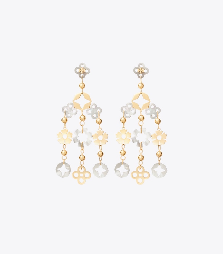 Tory Burch designer earrings Small Forget Me Not Chandelier Earrings in Tory Gold / Mother of Pearl front