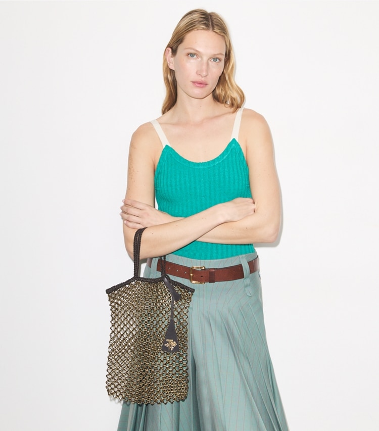 Tory Burch designer tote bags Small Handwoven Chain Mesh Tote in Dark Brown / GOLD accessory on model