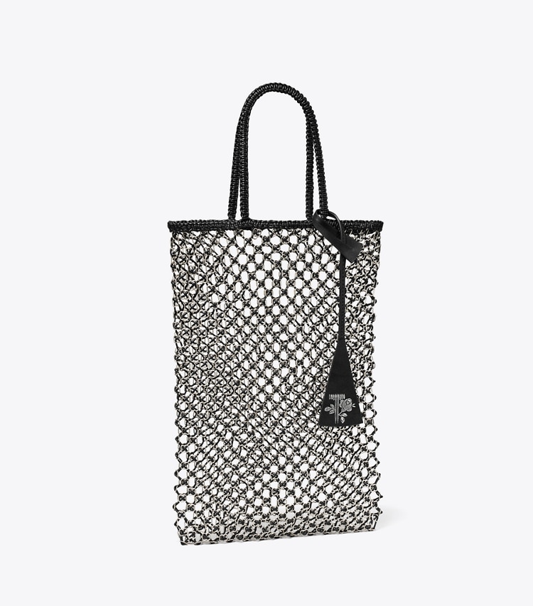 Tory Burch designer トートバッグ ハンドウーブン チェーン メッシュ スモール トートバッグ in Black / Silver angle