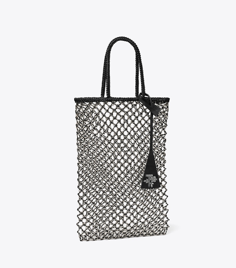 Tory Burch designer トートバッグ ハンドウーブン チェーン メッシュ スモール トートバッグ in Black / Silver angle