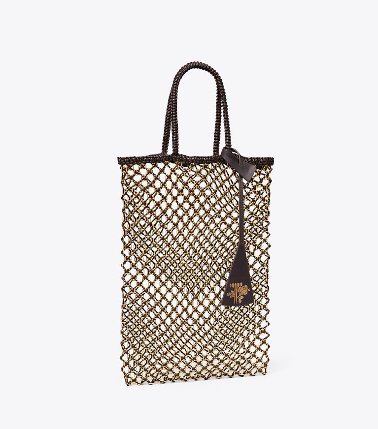 Tory Burch designer tote bags Small Handwoven Chain Mesh Tote in Dark Brown / GOLD angle