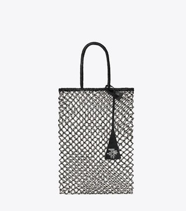 Tory Burch designer tote bags Small Handwoven Chain Mesh Tote in Black / Silver front