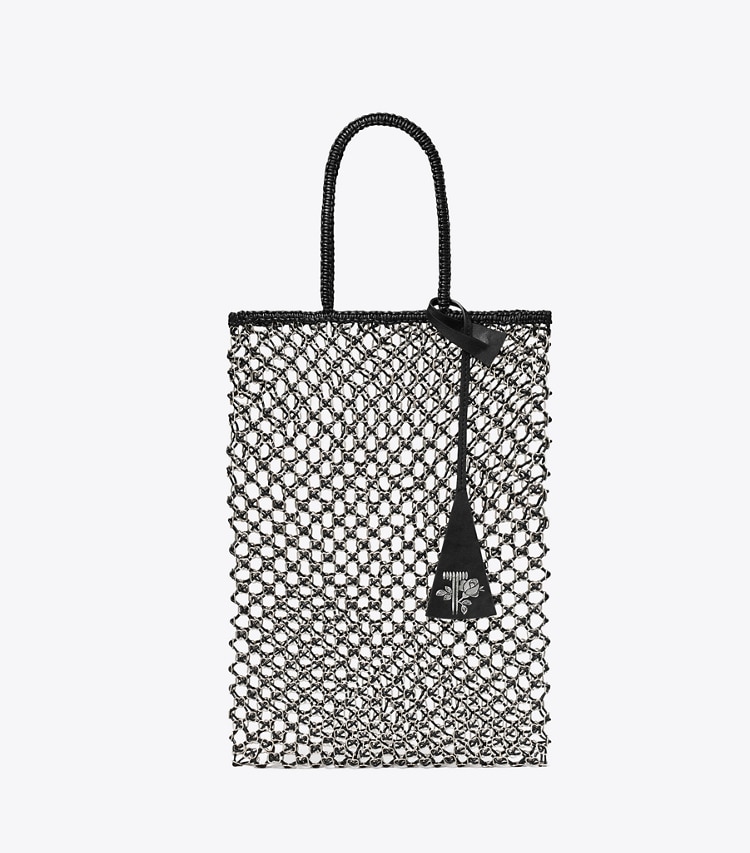 Tory Burch designer トートバッグ ハンドウーブン チェーン メッシュ スモール トートバッグ in Black / Silver front