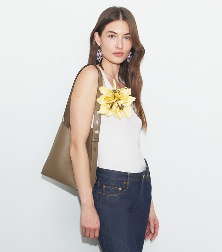 Tory Burch designer hobo bags Small Hobo Bag in Wild Mushroom accessory on model