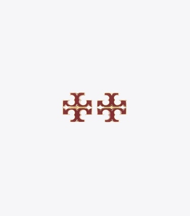 Tory Burch designer earrings Small Icon Enamel Stud Earrings in Tory Gold / Burgundy front