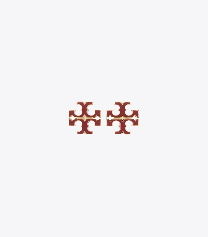 Tory Burch designer earrings Small Icon Enamel Stud Earrings in Tory Gold / Burgundy front