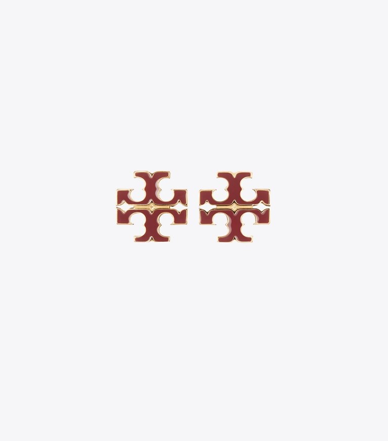 Tory Burch designer earrings Small Icon Enamel Stud Earrings in Tory Gold / Burgundy front