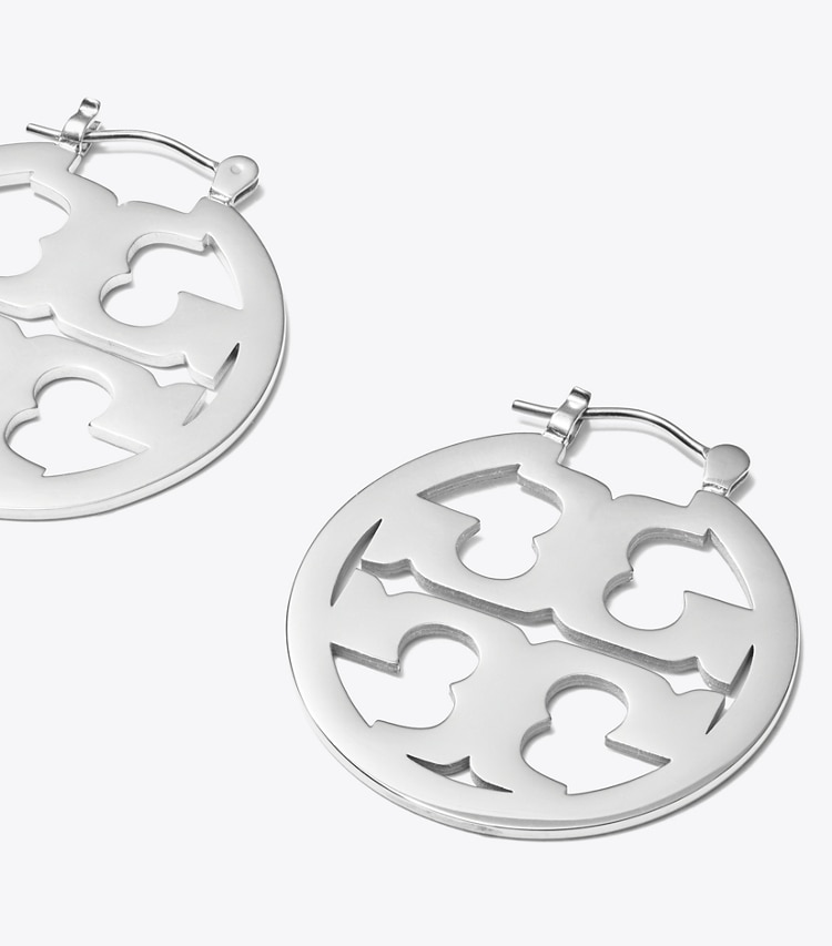 Tory Burch designer earrings Small Icon Hoop Earrings in Tory Silver detail