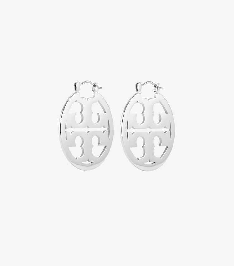Tory Burch designer earrings Small Icon Hoop Earrings in Tory Silver front
