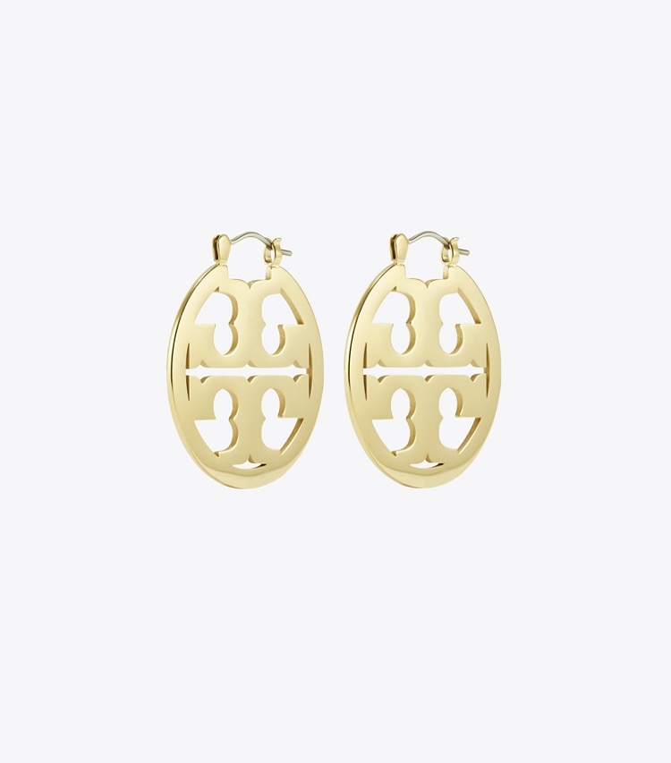 Tory Burch designer earrings Small Icon Hoop Earrings in Tory Gold front