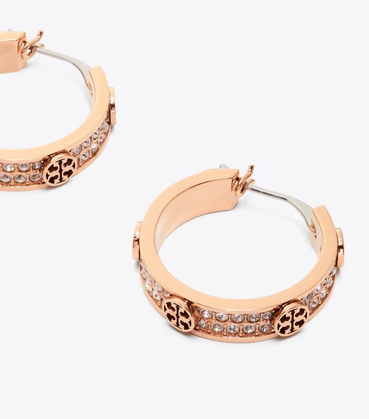 Tory Burch designer earrings Small Icon Pavé Hoop Earrings in Rose Gold / Pink detail