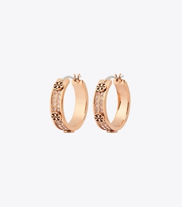 Tory Burch designer earrings Small Icon Pavé Hoop Earrings in Rose Gold / Pink front