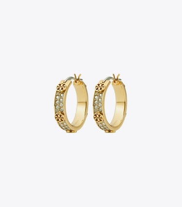 Tory Burch designer earrings Small Icon Pavé Hoop Earrings in Tory Gold / Crystal front