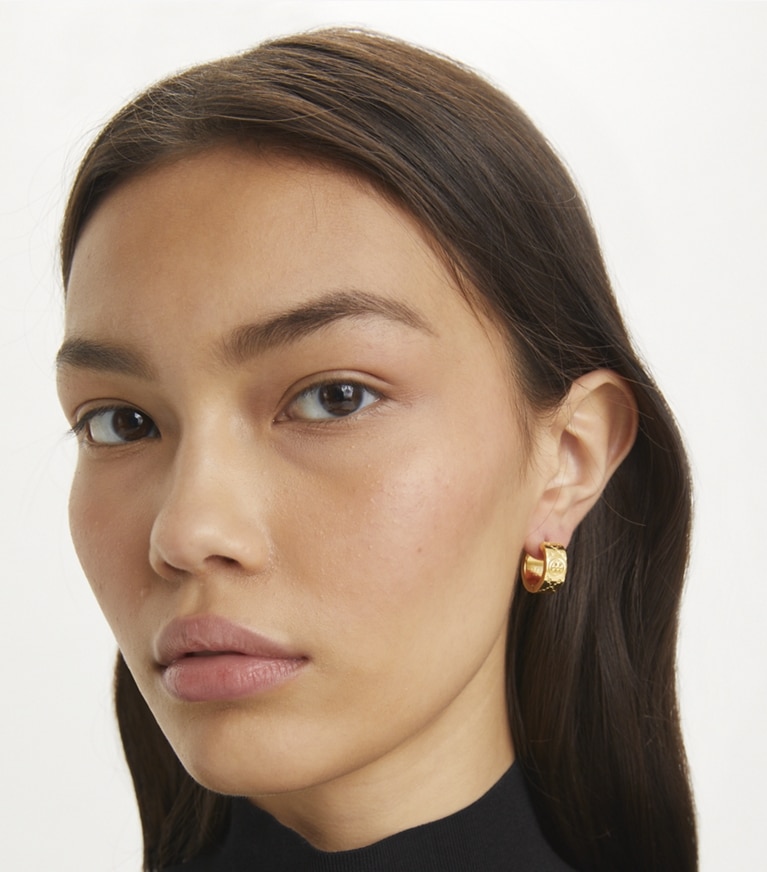 Tory Burch designer earrings Small Icon T Monogram Hoop Earrings in Tory Gold front