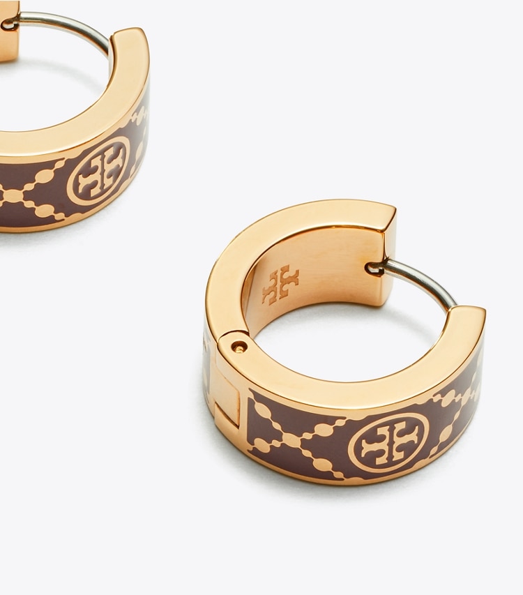 Tory Burch designer earrings Small Icon T Monogram Hoop Earrings in Rose Gold / Burgundy detail