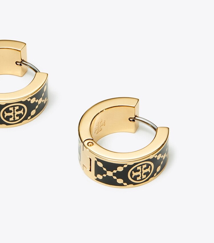 Tory Burch designer earrings Small Icon T Monogram Hoop Earrings in Tory Gold / Black detail