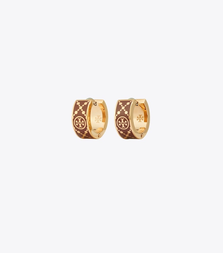 Tory Burch designer earrings Small Icon T Monogram Hoop Earrings in Rose Gold / Burgundy front